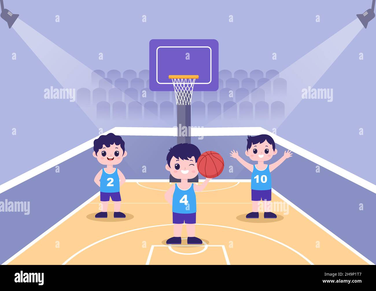 Happy Kids Cartoon Playing Basketball Flat Design Illustration Wearing Basket Uniform in Outdoor Court for Background, Poster or Banner Stock Vector