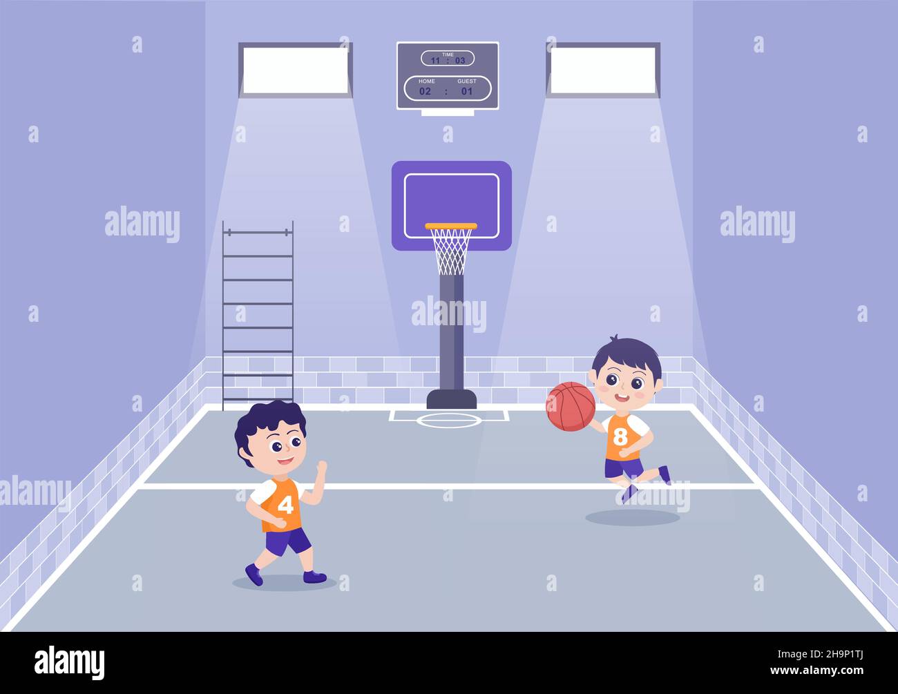 Cartoon Basketball Court With Players