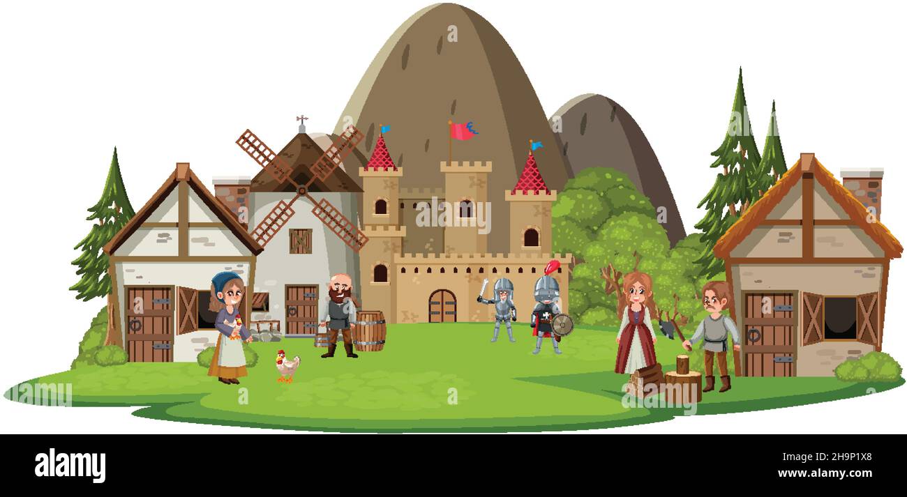 Medieval village scene on white background illustration Stock Vector ...