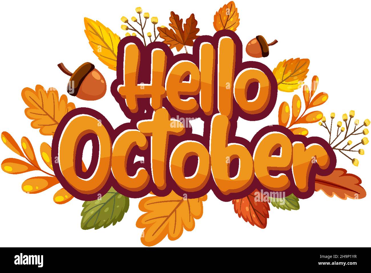 Hello October with ornate of autumn leaves illustration Stock Vector