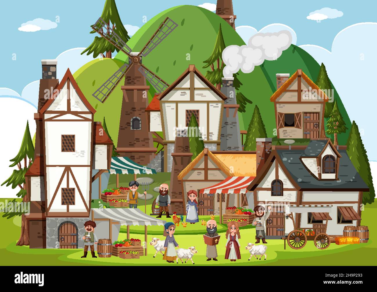 Medieval town scene with villagers illustration Stock Vector Image ...
