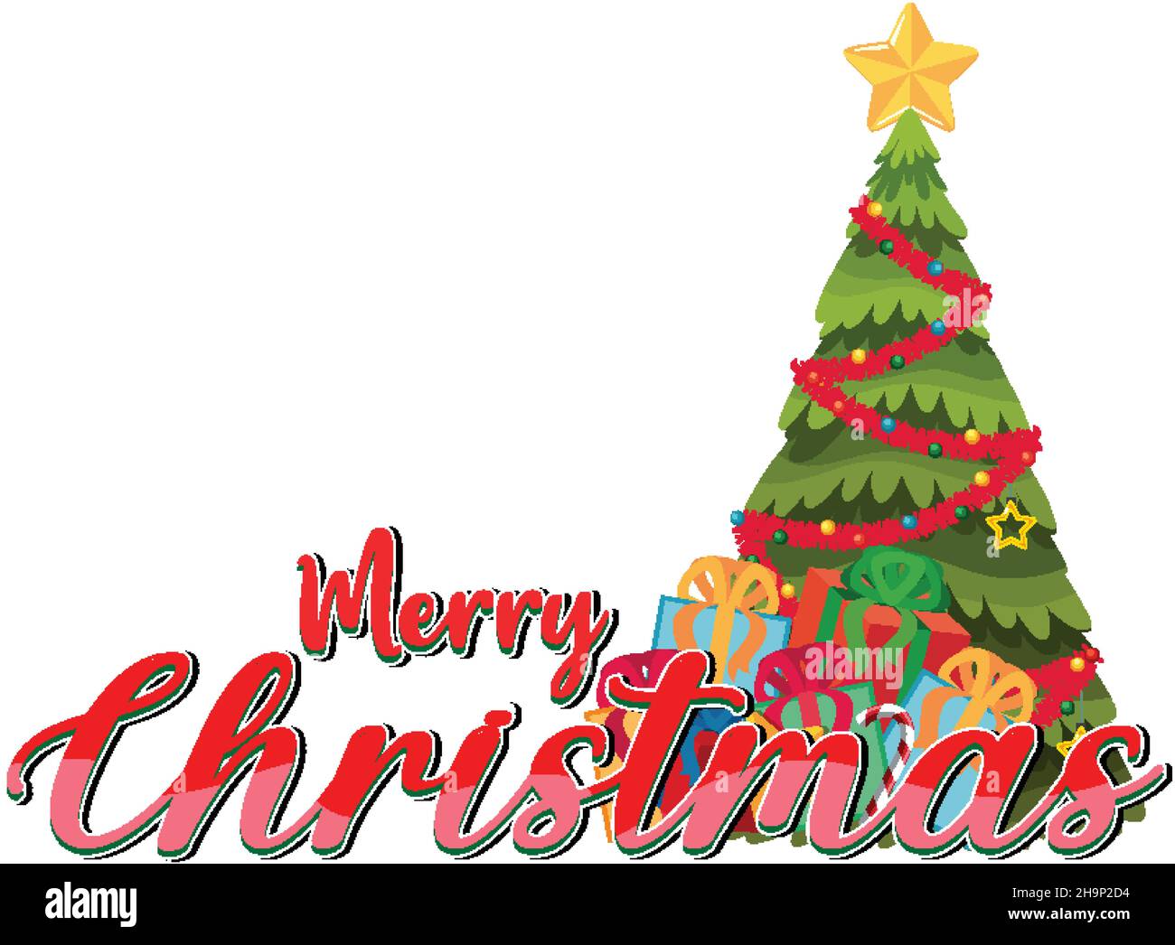 Merry Christmas logo banner with Christmas tree illustration Stock
