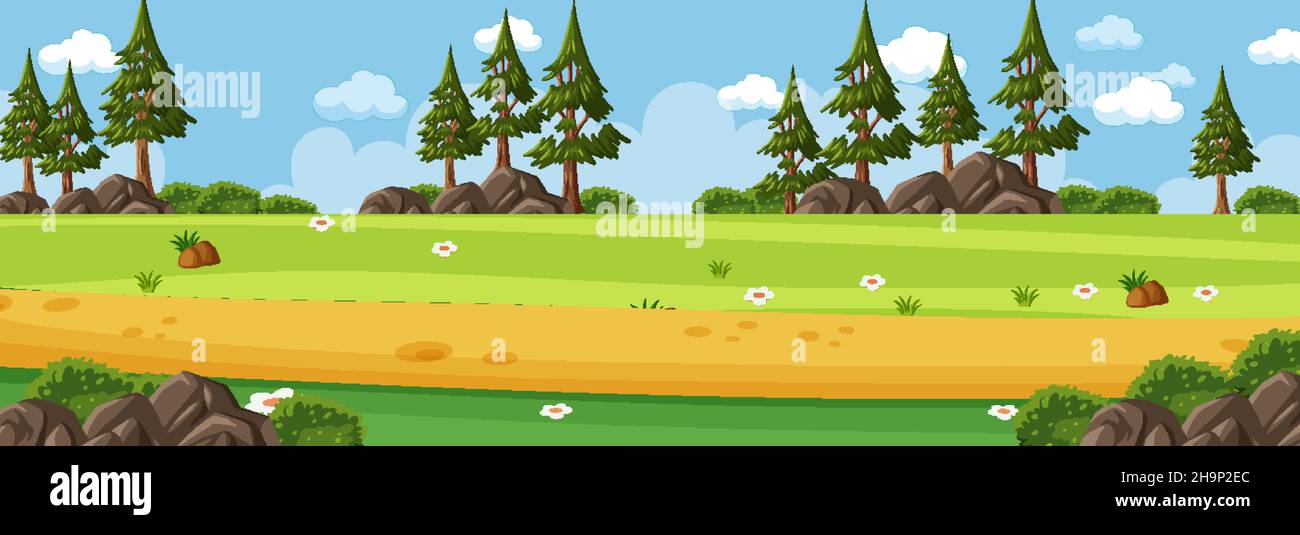 Panorama landscape scene with many trees in the park illustration Stock ...