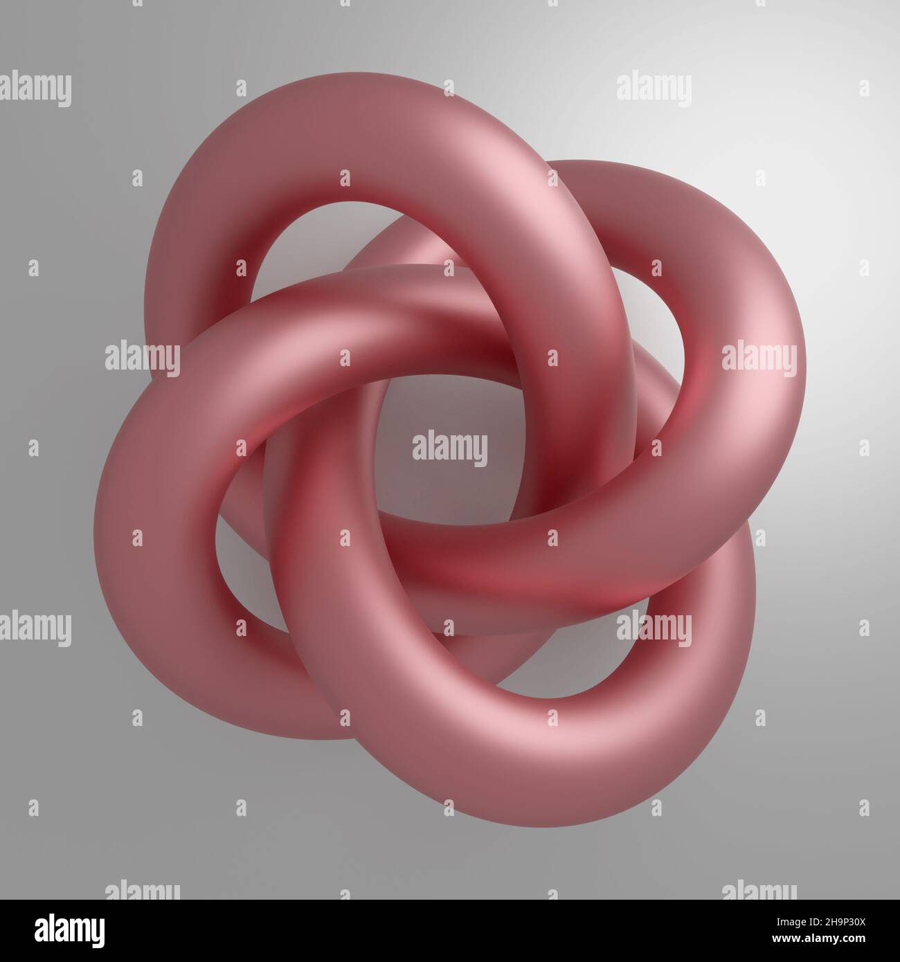 Copper wire tied in a knot, on a gray background.. A shiny pink torus intertwined into an endless knot. 3D render. Stock Photo