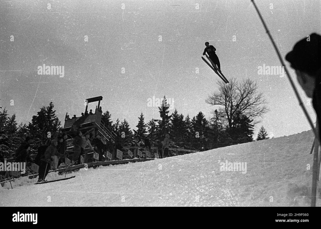 Zakopane, 1949-01-16. Memoria³ im. porucznika Wójcickiego w narciarstwie. Nz. konkurs skoków na Wielkiej Krokwi. Widoczna trybuna sêdziowska. bk  PAP      Zakopane, Jan. 16, 1949. The Lt. Wojcicki Memorial Ski Event. Pictured: the ski jump competition at the Wielka Krokiew ski jump. In the background the referees' box.  bk  PAP Stock Photo