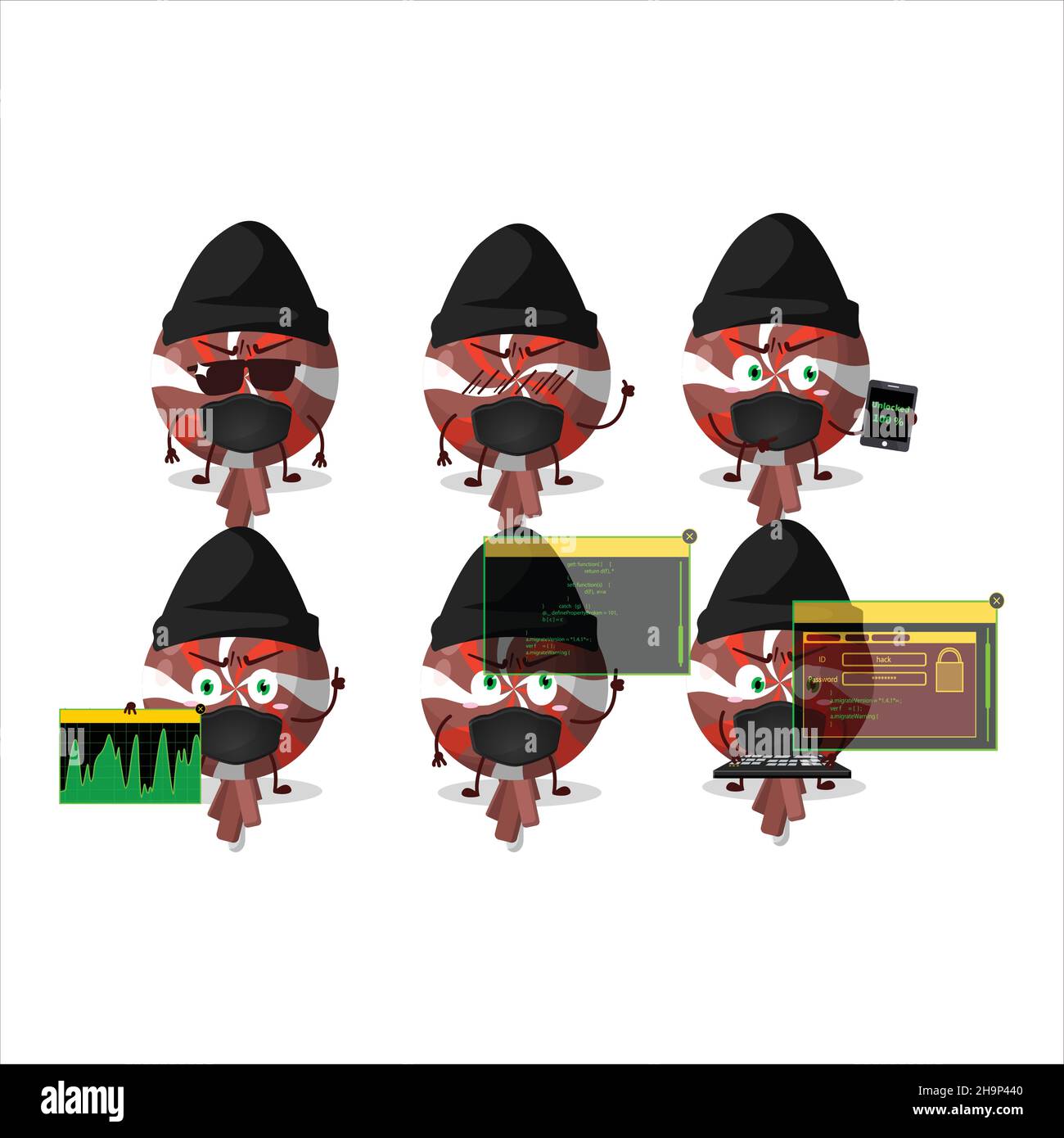 A Hacker red twirl lolipop wrapped character mascot with. Vector ...