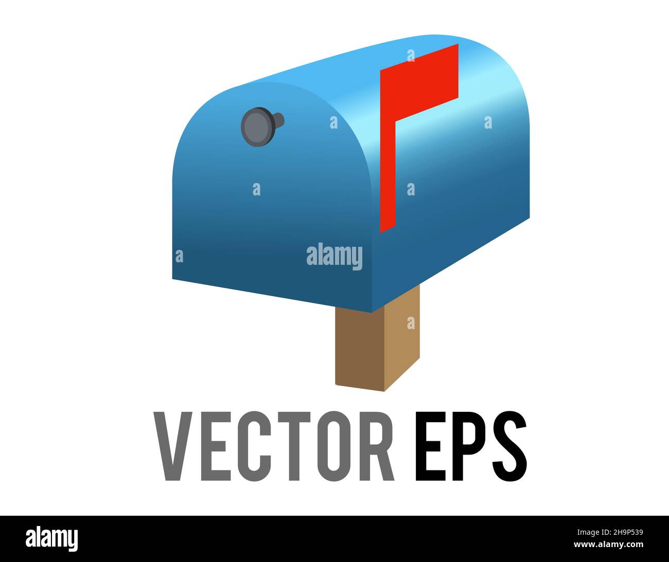 The isolated vector blue close mailbox, letterbox, postbox icon with red raised flag depicted in blue and white envelope Stock Vector