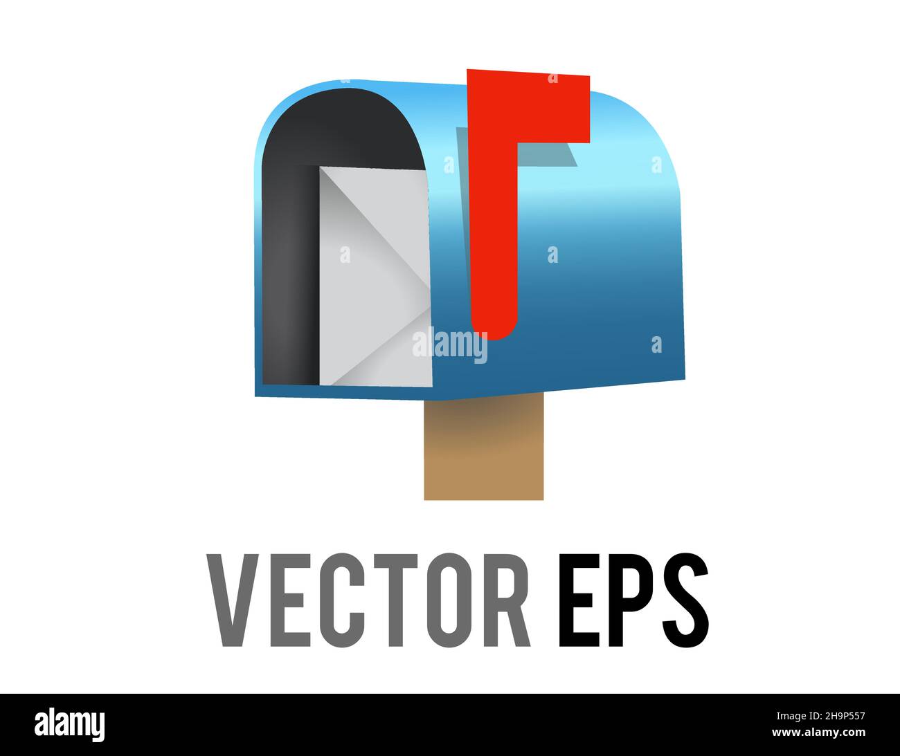 The isolated vector blue open mailbox, letterbox, postbox icon with red raised flag depicted in blue and white envelope Stock Vector