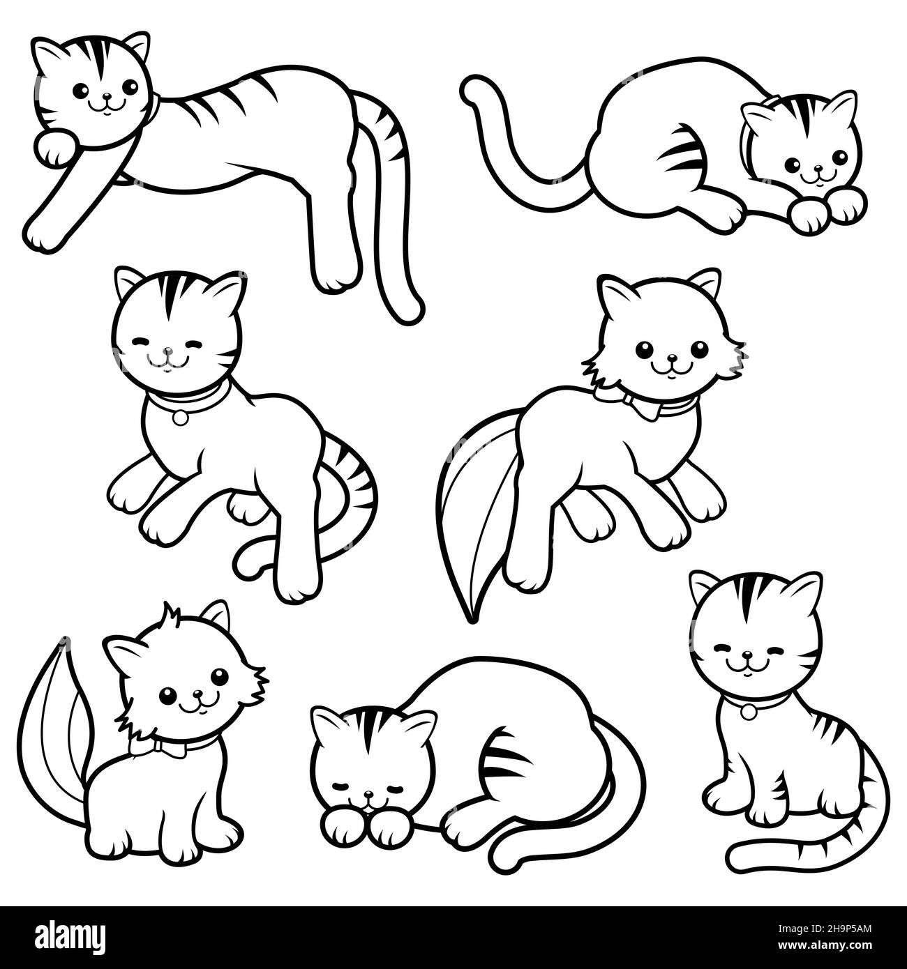 Cartoon cats collection. Black and white illustration Stock Photo