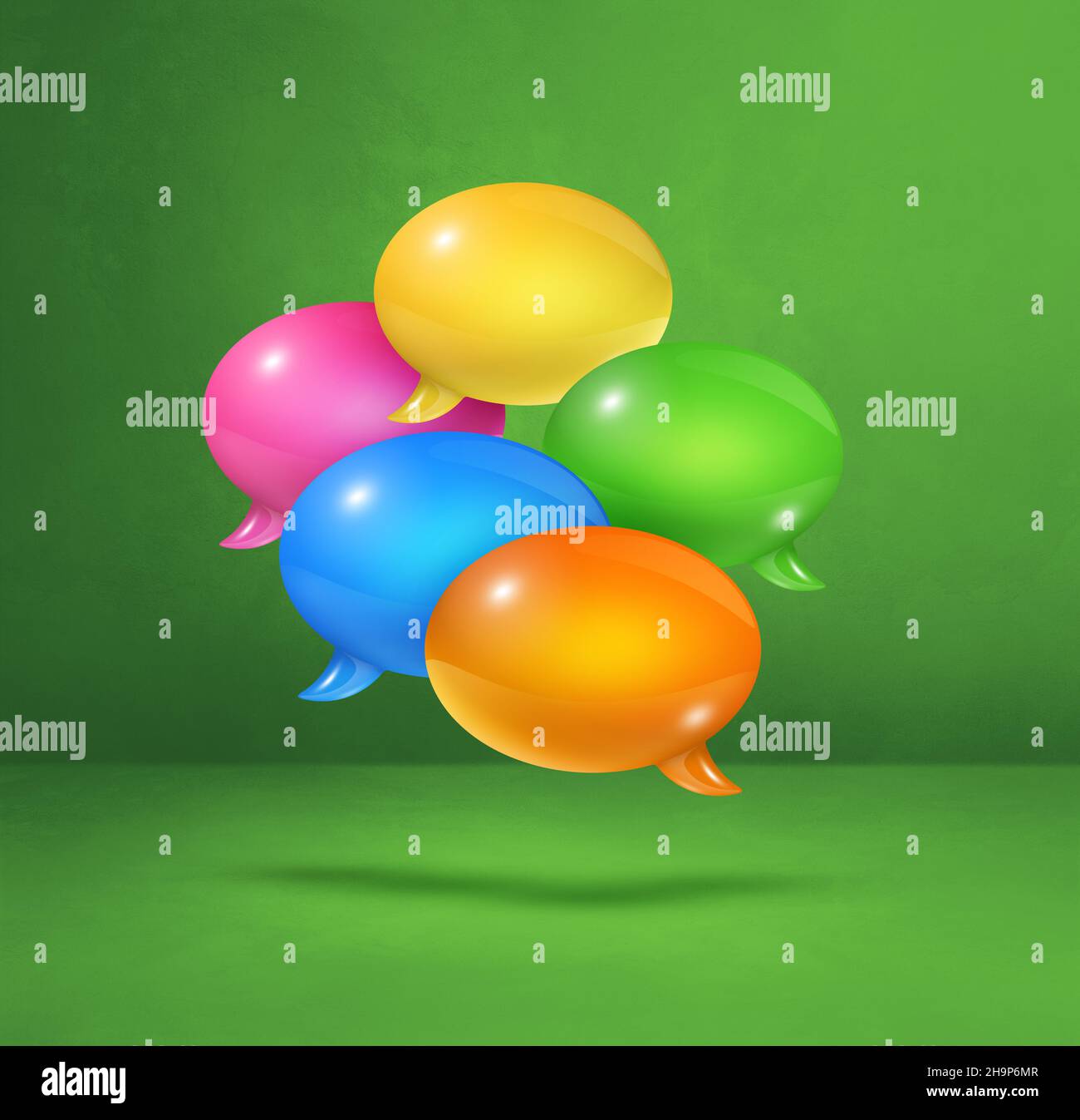 3D multicolor speech bubbles isolated on green square background Stock ...