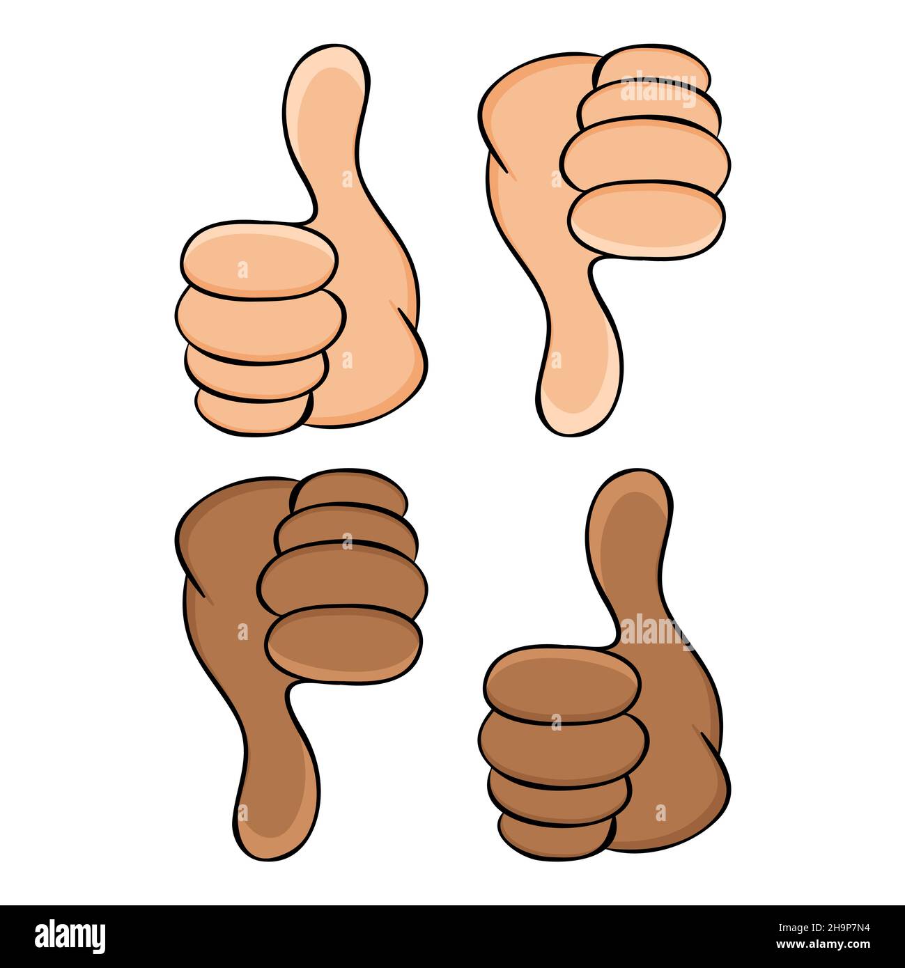 Thumb up and thumb down. Dark and light skin hand gesture. Stock Vector
