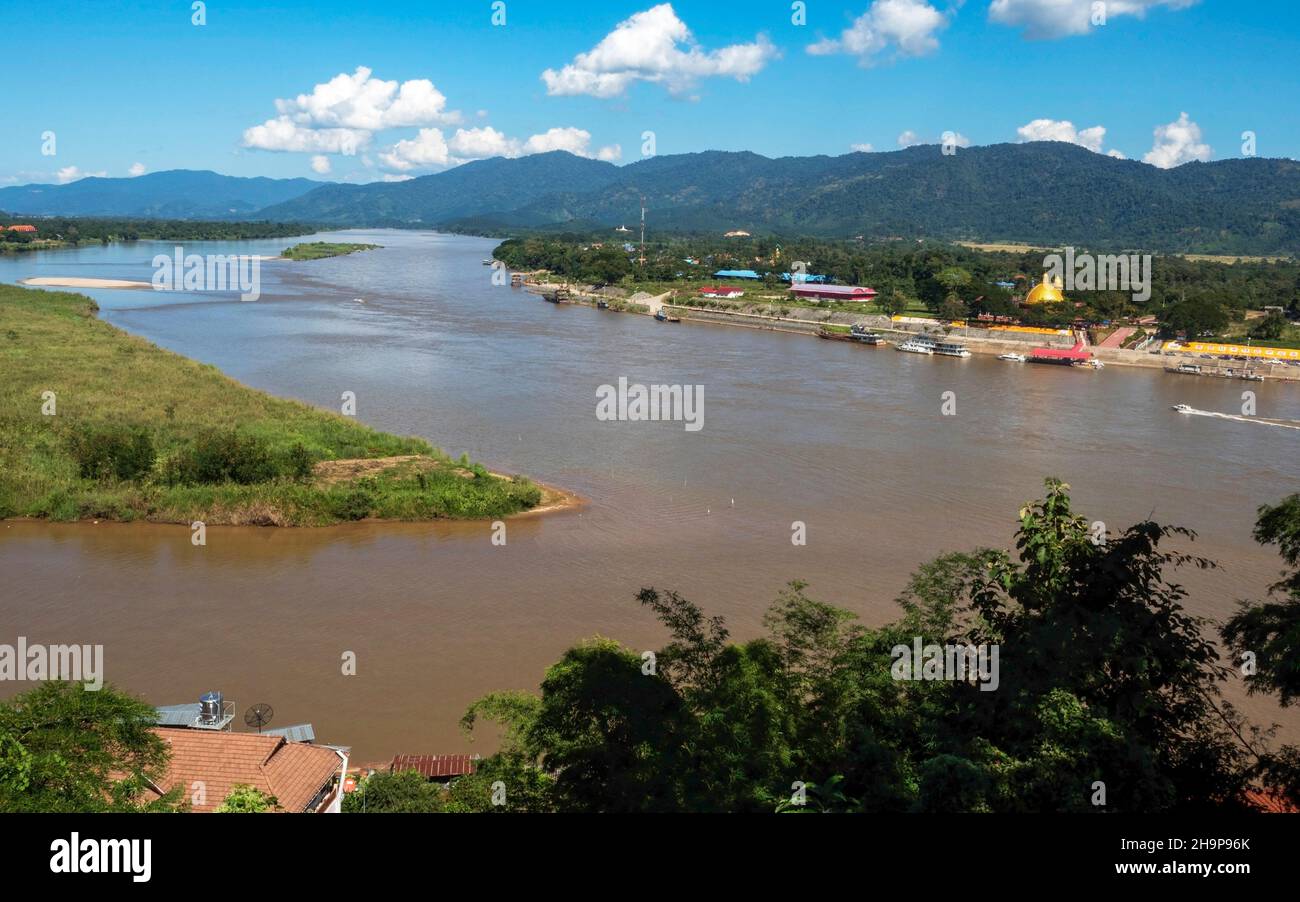Golden Triangle, Myanmar, Thailand and Laos border triangle, confluence of Mae Nam Sai and Mekong, Chiang Mai Province, Thailand, Asia Stock Photo