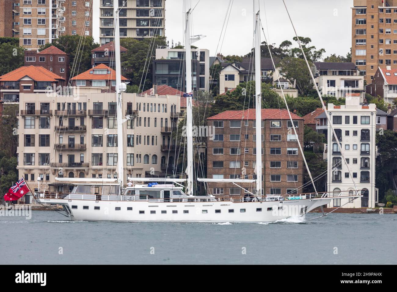 Southern Cloud yacht, a three masted Bermuda rigged schooner on Sydney Harbour under power,Sydney harbour,NSW,Australia Stock Photo