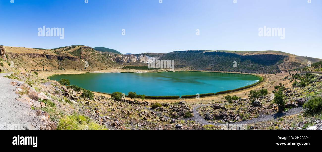 Panoramic view of Narligol crater lake in Nigde Turkey. Narligol geothermal area and crater lake. Stock Photo