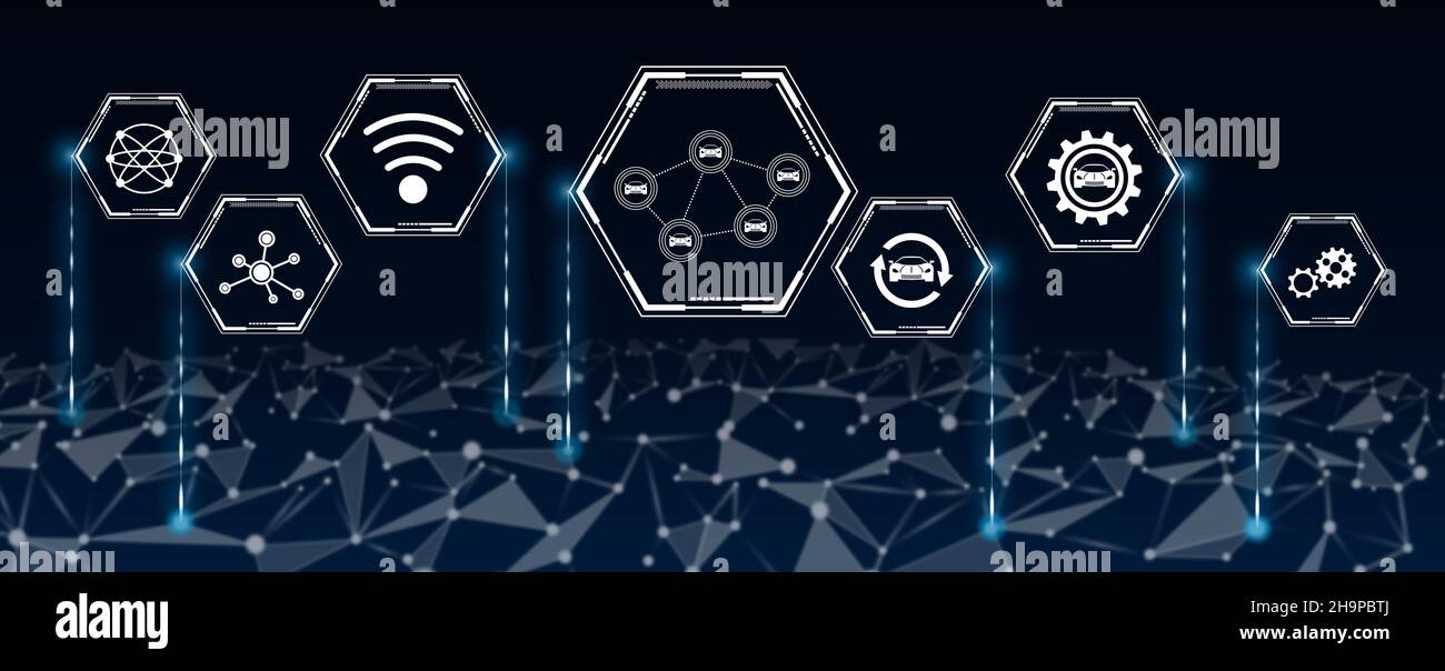 Concept of connected cars with icons in hexagons connected to abstract ...