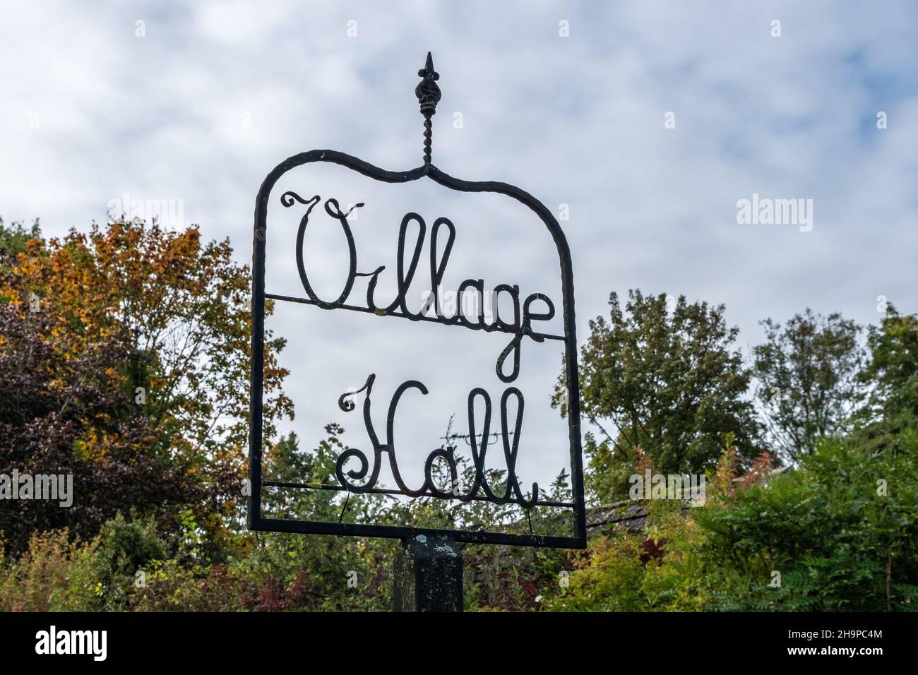 Metal sign for the Village Hall, Ashby St Ledgers, Northamptonshire, UK, Stock Photo