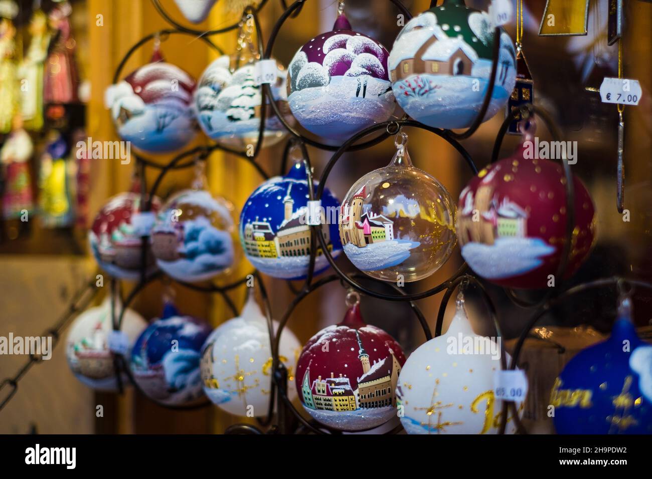 Christmas decoration. Hand painted souvenirs or gifts. Northern Europe holiday traditions. Stock Photo