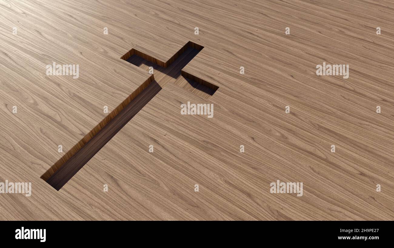 Concept or conceptual cross on a natural wood or wooden background. 3d illustration metaphor for God, Christ, Christianity, religious, faith, holy, sp Stock Photo