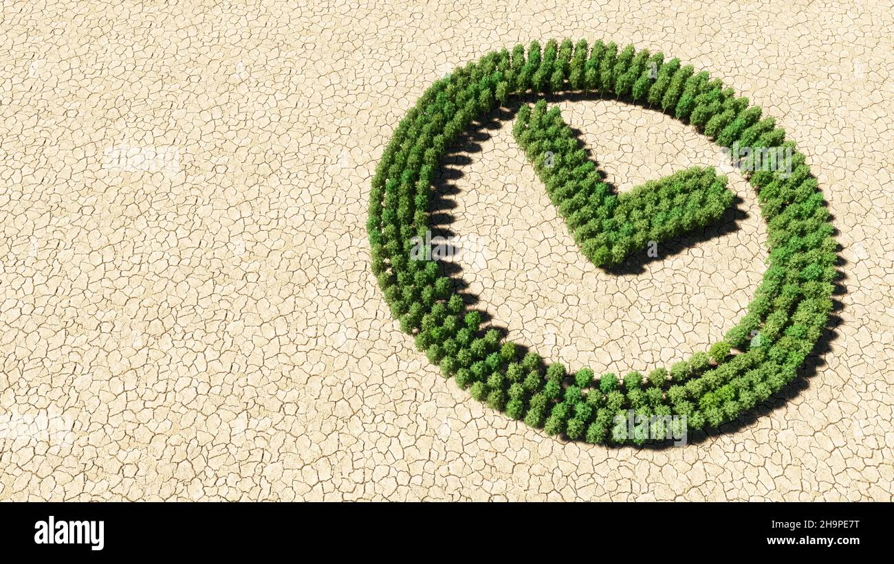 Concept or conceptual group of green forest tree on dry ground ...