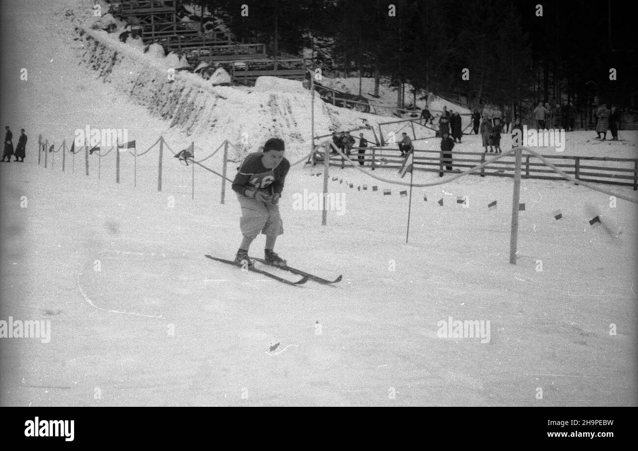 Zakopane, 1949-02-24. Od 23 lutego do 3 marca odbywa³y siê Miêdzynarodowe Zawody Narciarskie o Puchar Tatr. Zgromadzi³y one kilkudziesiêciu sportowców z Polski, Bu³garii, Czechos³owacji, Finlandii, Rumunii i Wêgier. Pierwszego dnia zawodów odby³ siê bieg mê¿czyzn na 18 kilometrów, zaliczany do kombinacji norweskiej. Start i meta znajdowa³y siê stadionie Pod Krokwi¹. Zwyciê¿y³ Jaroslav Cardal z Czechos³owacji. Nz. Jano Zaturecky z Czechos³owacji na mecie biegu. pw PAP Zakopane, Feb. 24, 1949. International Skiing Competition for the Cup of the Tatra Mountains was held on February 23 to Ma Stock Photo