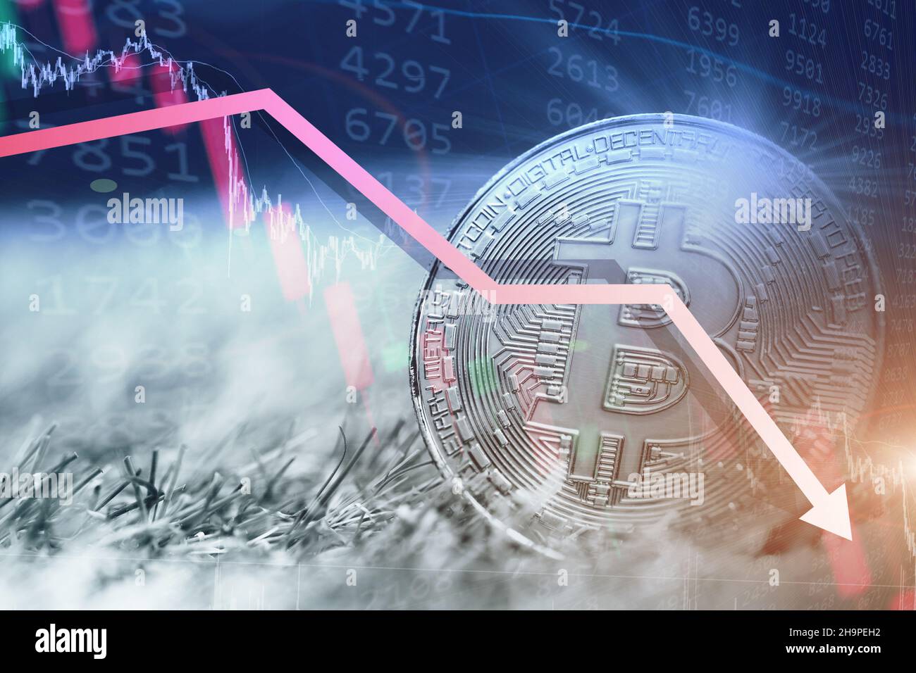 Bitcoin or Cryptocurrency down price breaking new low drop value market crash graphic concept Stock Photo