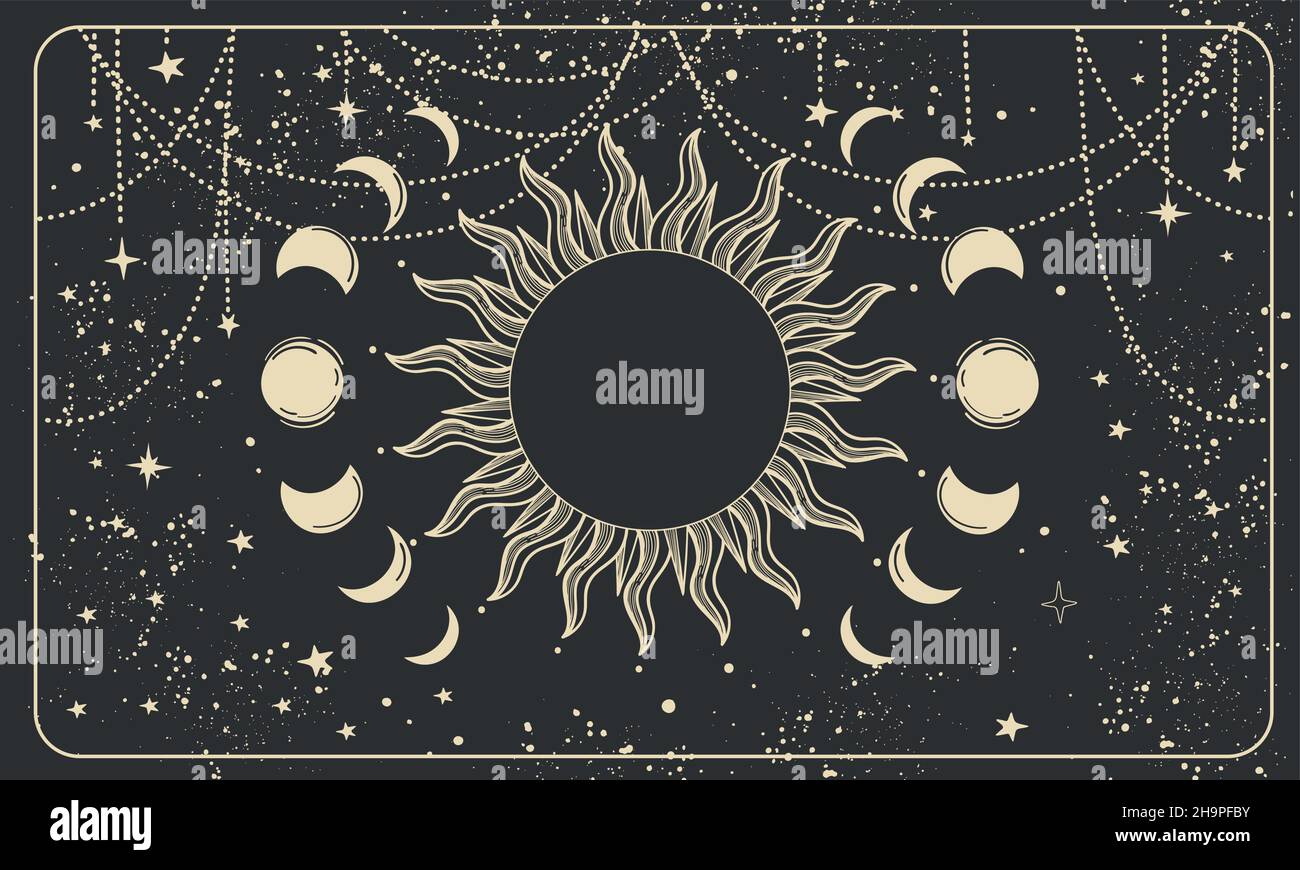 Mystical banner with a lunar eclipse on a black background. Sun with rays and phases of the moon, boho background for astrology, tarot. Heavenly vecto Stock Vector