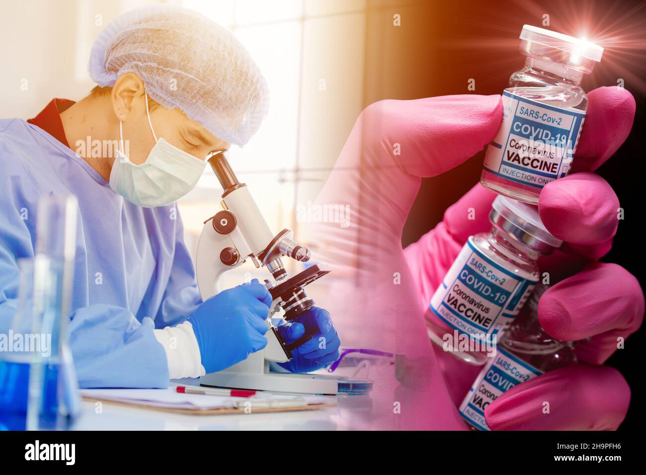 medical scientist looking at microscope for research and develop new anti Coronavirus vaccine concept. Stock Photo