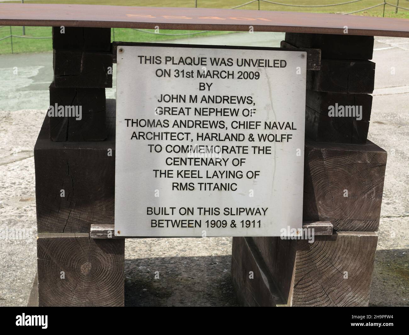 BELFAST, UNITED KINGDOM - May 26, 2014: A close-up shot of a plaque on the slipway where the RMS Titanic was built and launched in Belfast Stock Photo