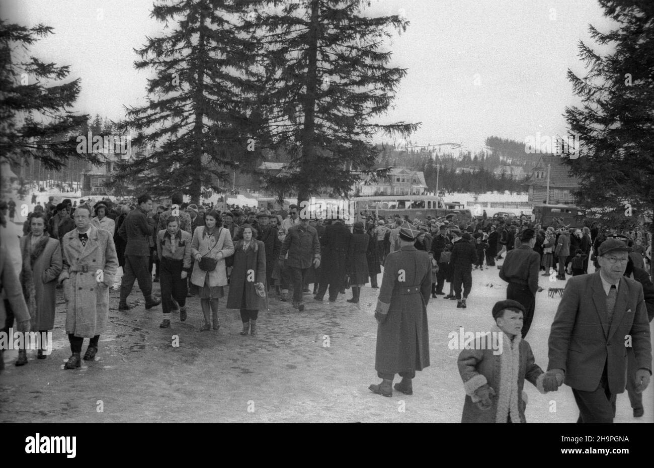 Zakopane, 1949-02-25. W Miêdzynarodowych Zawodach Narciarskich o Puchar Tatr wziê³o udzia³ przesz³o 250 zawodników i zawodniczek reprezentuj¹cych szeœæ pañstw: Czechos³owacjê, Wêgry, Rumuniê, Bu³gariê, Finlandiê i Polskê. Otwarty konkurs skoków obejrza³o na stadionie PZN (Polski Zwi¹zek Narciarski) pod Krokwi¹ dwadzieœcia tysiêcy widzów. uu PAP Zakopane, Feb. 25, 1949. The Tatra Mountain Cup International Skiing Competition brought together over 250 competitors from 6 countries: Czechoslovakia, Hungary, Romania, Bulgaria, Finland and Poland. A ski jump event was watched by 20,000 people Stock Photo