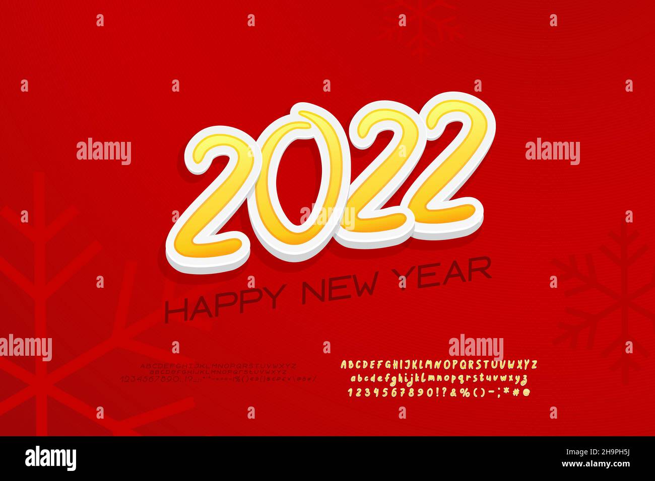 Red greeting card Happy New Year. Sticker style calendar date on red gradient background with snowflakes. Two vector fonts sets are included. Stock Vector
