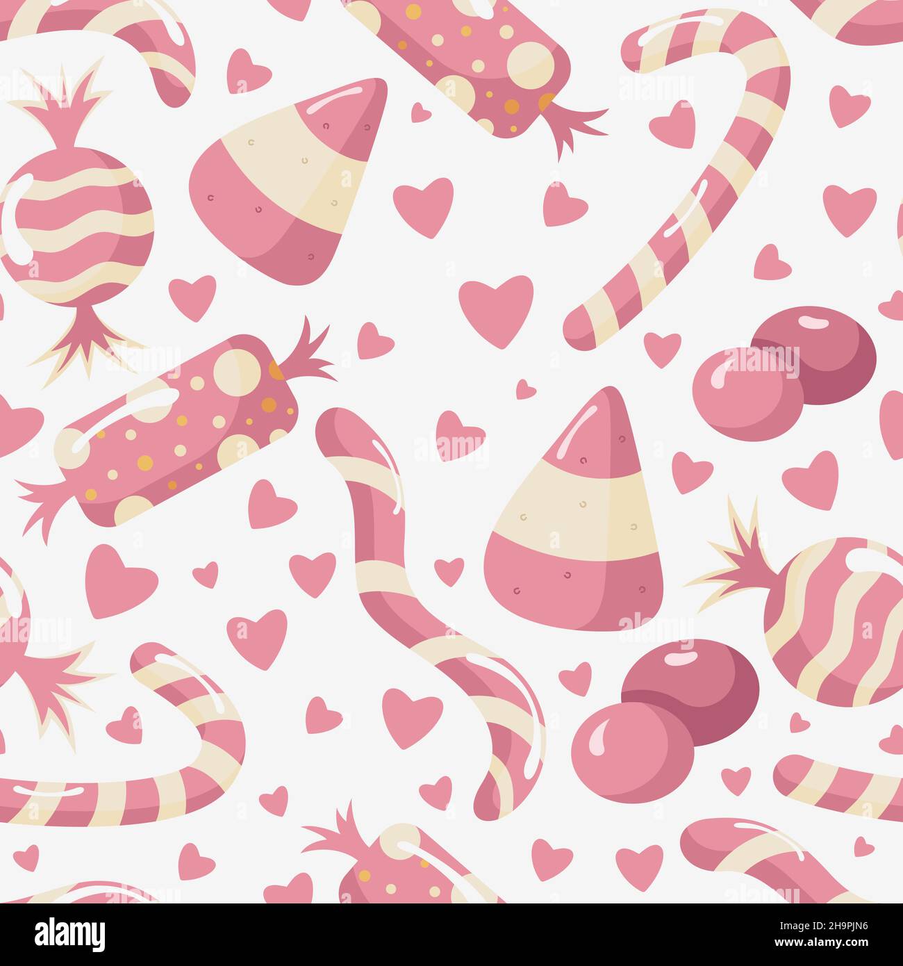 Seamless pattern with candy heart surrounded by different sweets. Kawaii pattern in a flat style. Stock Vector