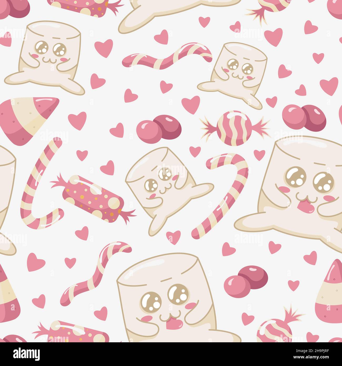 Seamless pattern with kawaii marshmallow chewing a candy heart surrounded by different sweets. Kawaii marshmallow characters in a flat style. Stock Vector