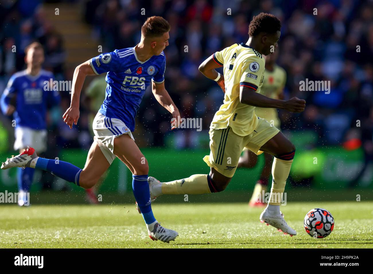 Bukayo Saka Of Arsenal And Luke Thomas Of Leicester City Leicester City V Arsenal Premier League