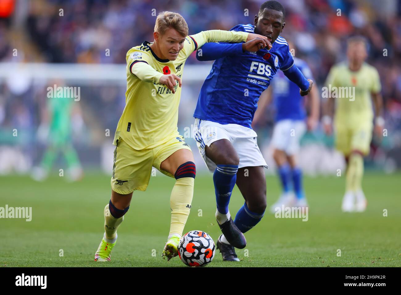 Martin Odegaard of Arsenal and Boubakary Soumare of Leicester City - Leicester City v Arsenal, Premier League, King Power Stadium, Leicester, UK - 30th October 2021  Editorial Use Only - DataCo restrictions apply Stock Photo