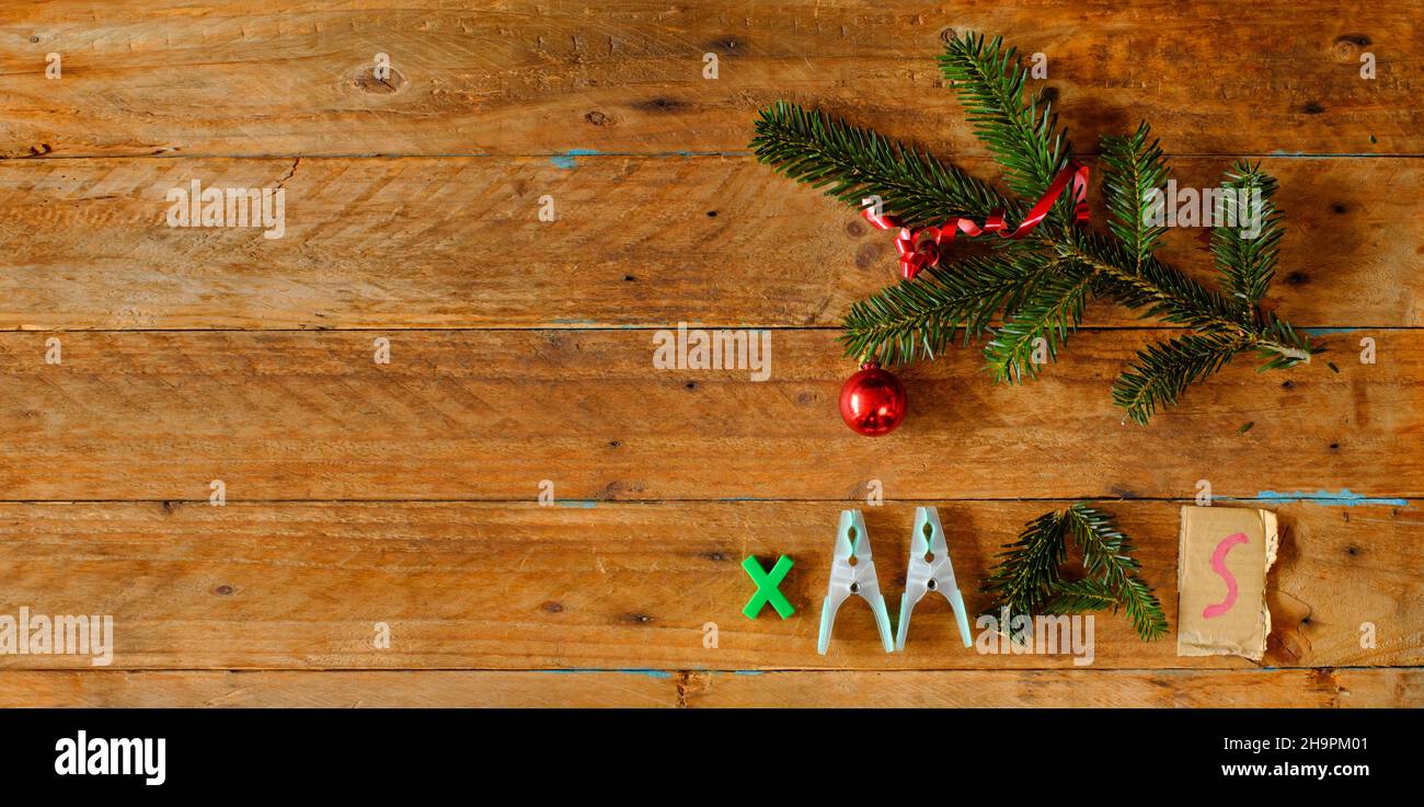 christmas template with christmas decoration, christmas ball, fir branches and text,free copy space Stock Photo