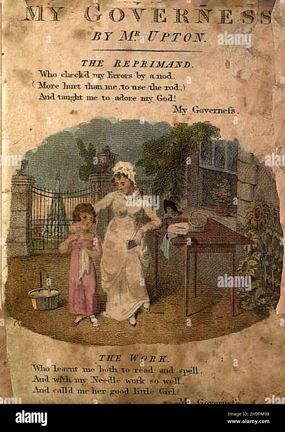 A colour illustrated 1812 poem and book illustration singing the praises of a governess. Poetry by a Mr  William Upton Stock Photo