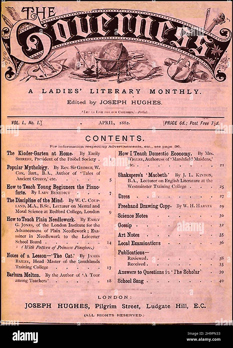Front cover of THE GOVERNESS, a Victorian English magazine for those in the profession. April 1882/ The magazine was published by Joseph Hughes of Pilgrim Street, Ludgate Hill, London, England.The publication was also bought by female teachers . Stock Photo