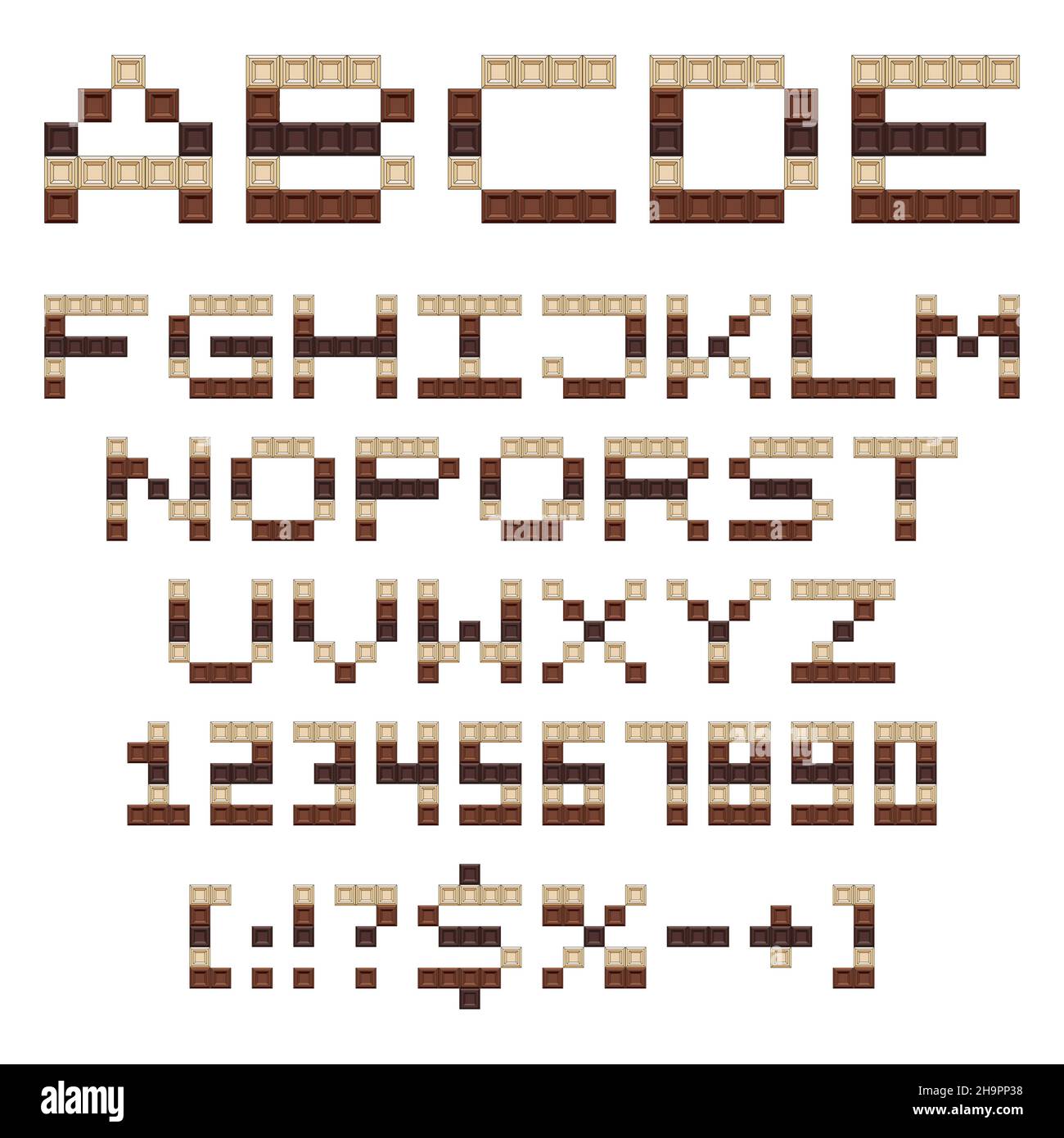 Chocolate alphabet, letters, numbers and signs. Set of isolated vector ...