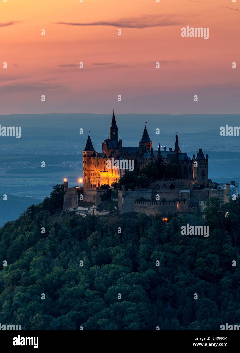 Hohenzollern castle on Swabian Alb, Germany at sunset Stock Photo