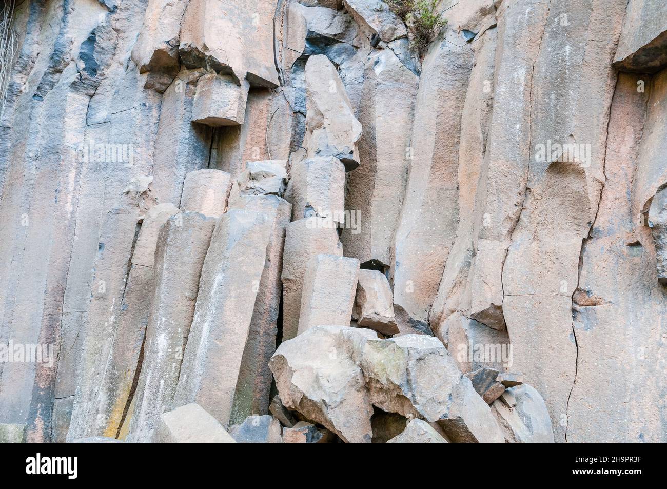 vertical lava columns, old lava flow, basalt column, hexagonal shape, Sant Joan les Fonts, Garrotxa, Catalonia, Spain Stock Photo
