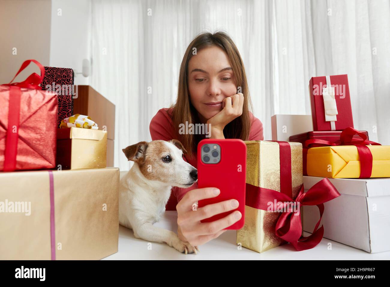 Content female with cute Jack Russell Terrier dog sitting at table with piles of Christmas presents and messaging on mobile phone Stock Photo