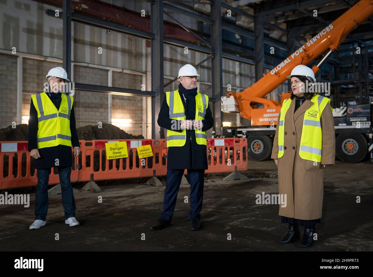 (from left) Director General of the BBC Tim Davie, Minister for Constitution, External Affairs and Culture Angus Robertson and Leader of Glasgow City Council Susan Aitken during a tour of the construction site at Kelvin Hall where the BBC has been unveiled as the Tenant Operator for the new £11.9 million Kelvin Hall Film & Broadcast Studio Hub in Glasgow. Picture date: Wednesday December 8, 2021. Stock Photo