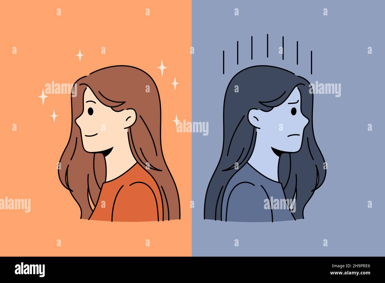 Good or bad mood concept. Profile portraits of smiling positive happy girl and gloomy depressed with negative thoughts vector illustration  Stock Vector