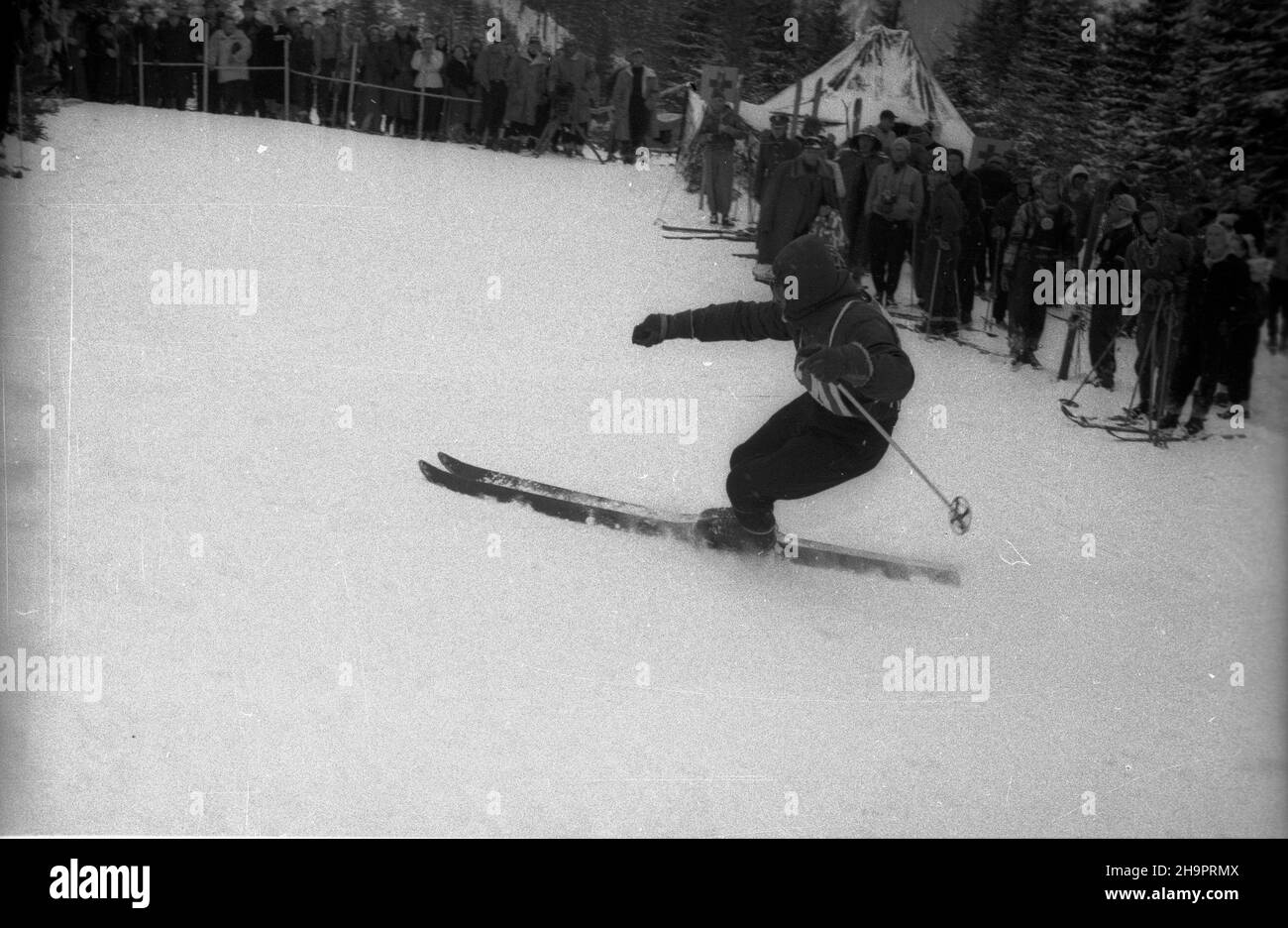 Zakopane, 1949-03-02. W Miêdzynarodowych Zawodach Narciarskich o Puchar Tatr wziê³o udzia³ przesz³o 250 zawodników i zawodniczek reprezentuj¹cych szeœæ pañstw: Czechos³owacjê, Wêgry, Rumuniê, Bu³gariê, Finlandiê i Polskê. Konkurencje alpejskie by³y utrudnione przez nag³e pogorszenie pogody, czêœæ konkurencji zosta³a powtórzona. uu PAP Zakopane, March 2, 1949. The Tatra Mountain Cup International Skiing Competition brought together over 250 competitors from 6 countries: Czechoslovakia, Hungary, Romania, Bulgaria, Finland and Poland. Sudden weather deterioration hindered alpine events, som Stock Photo