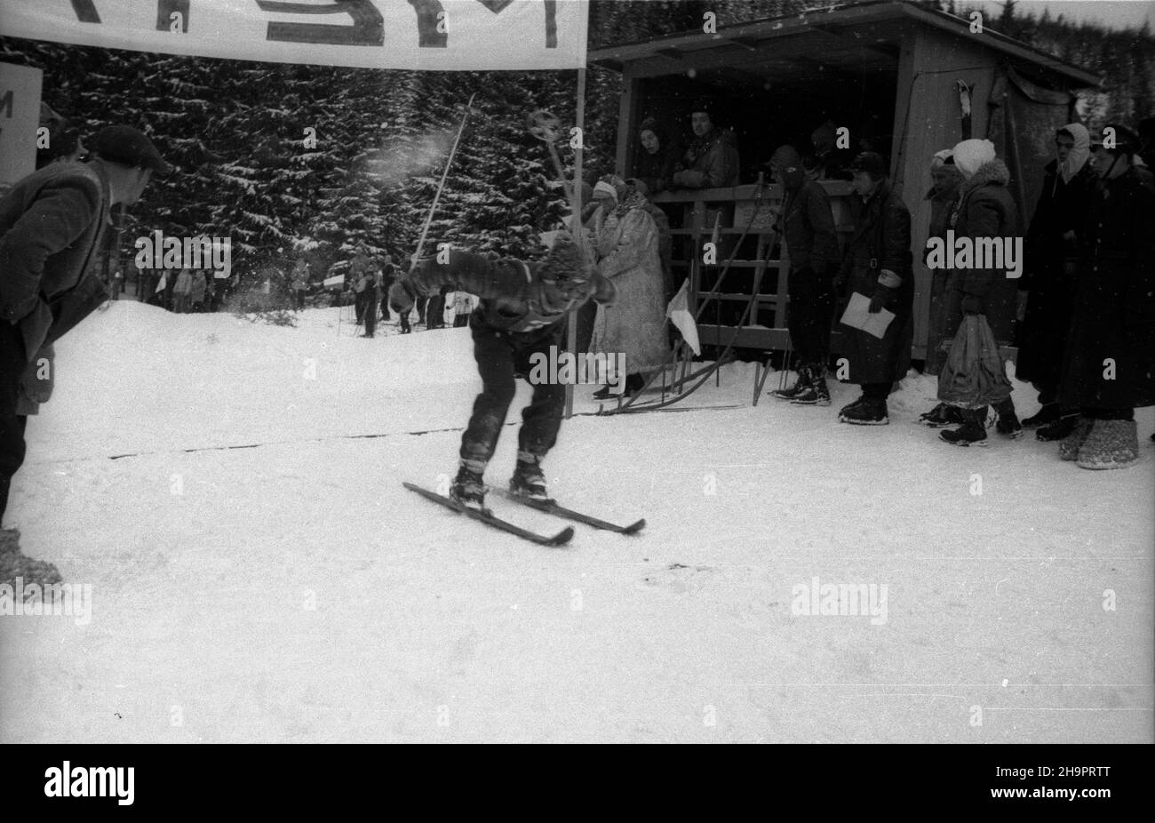 Zakopane, 1949-03-02. W Miêdzynarodowych Zawodach Narciarskich o Puchar Tatr wziê³o udzia³ przesz³o 250 zawodników i zawodniczek reprezentuj¹cych szeœæ pañstw: Czechos³owacjê, Wêgry, Rumuniê, Bu³gariê, Finlandiê i Polskê. Konkurencje alpejskie by³y utrudnione przez nag³e pogorszenie pogody, czêœæ konkurencji zosta³a powtórzona. uu  PAP      Zakopane, March 2, 1949. The Tatra Mountain Cup International Skiing Competition brought together over 250 competitors from 6 countries: Czechoslovakia, Hungary, Romania, Bulgaria, Finland and Poland. Sudden weather deterioration hindered alpine events, som Stock Photo