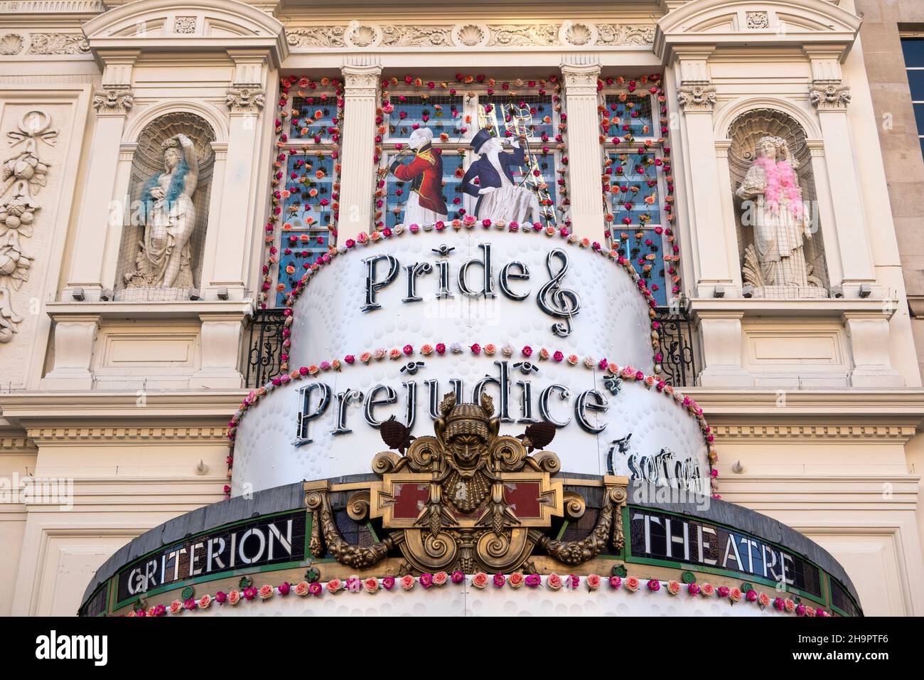 UK, England, London, Piccadilly Circus, Criterion Theatre, Pride and Prejudice sign over entrance Stock Photo