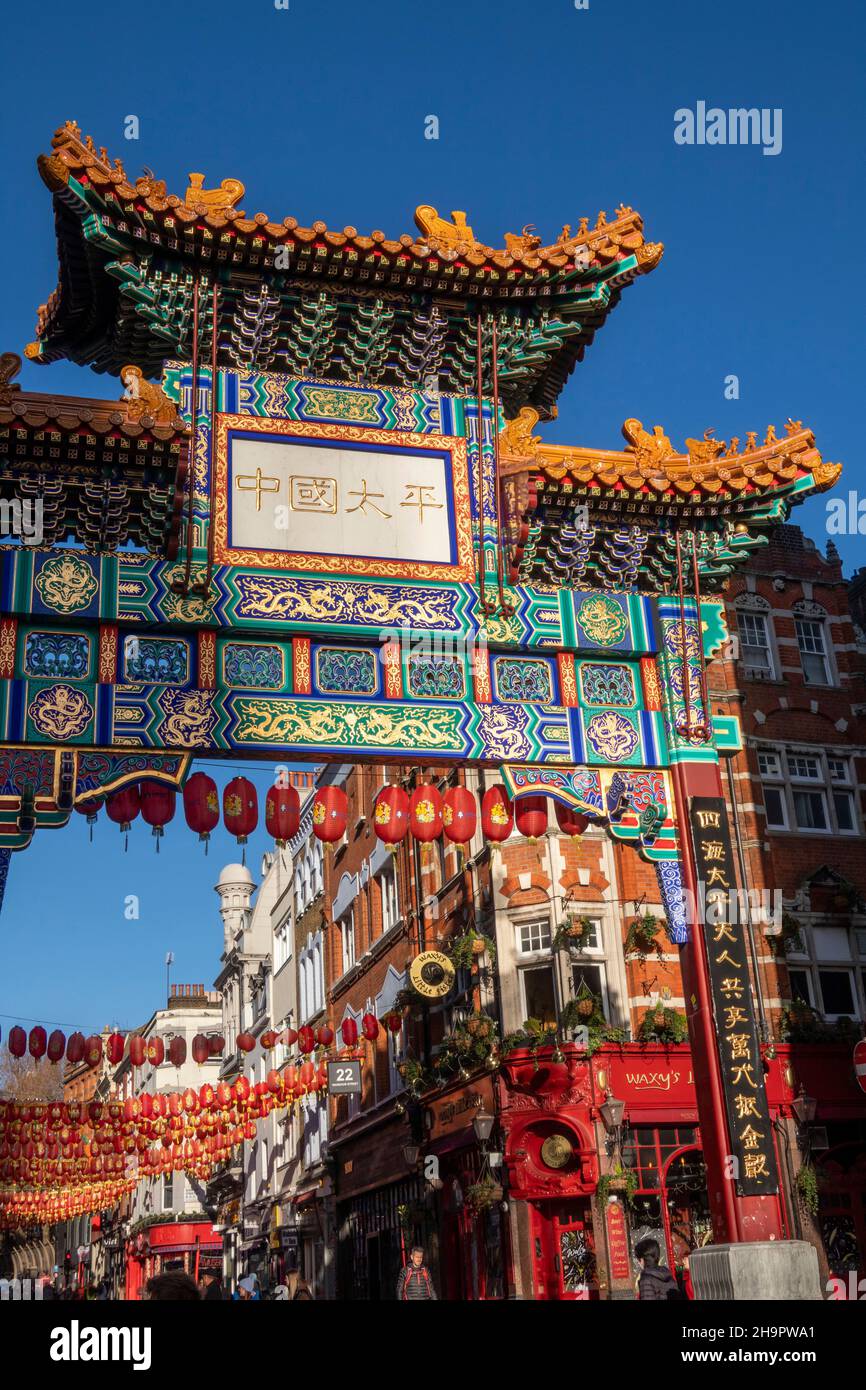 UK, England, London, Gerrard Place, Chinatown Gate at Christmas Stock Photo