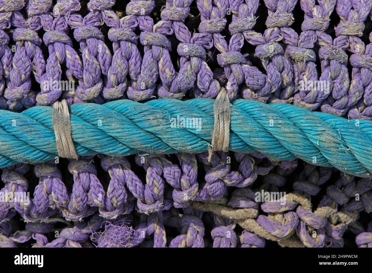 Green rope on purple fishing net, fishing net, fishing, fishing port, fishing boat, fishing, trawl, fishing port, harbour, Garrucha, Almeria Stock Photo