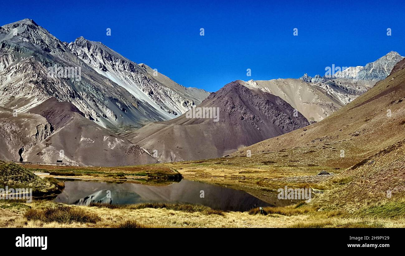 ARGENTINA Aconcagua Provincial Park is located in the Mendoza Province in Argentina. The Andes mountain range draws all types of thrill seekers Stock Photo