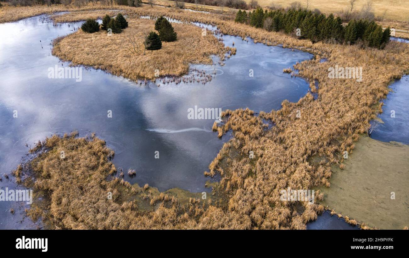 High above rural wisconsin with meadows and standing water Stock Photo